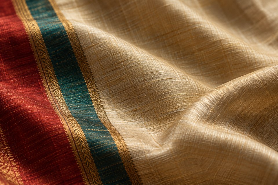 Illustrative close-up of silk threads and a richly coloured woven border.