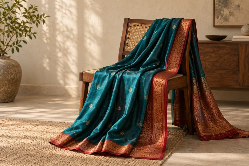 Illustrative editorial image of deep teal silk with a warm red and gold border, draped over a wooden chair.